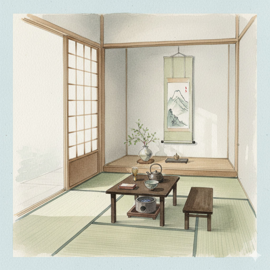 traditional japanese tea ceremony room, minimal design, natural light, peaceful